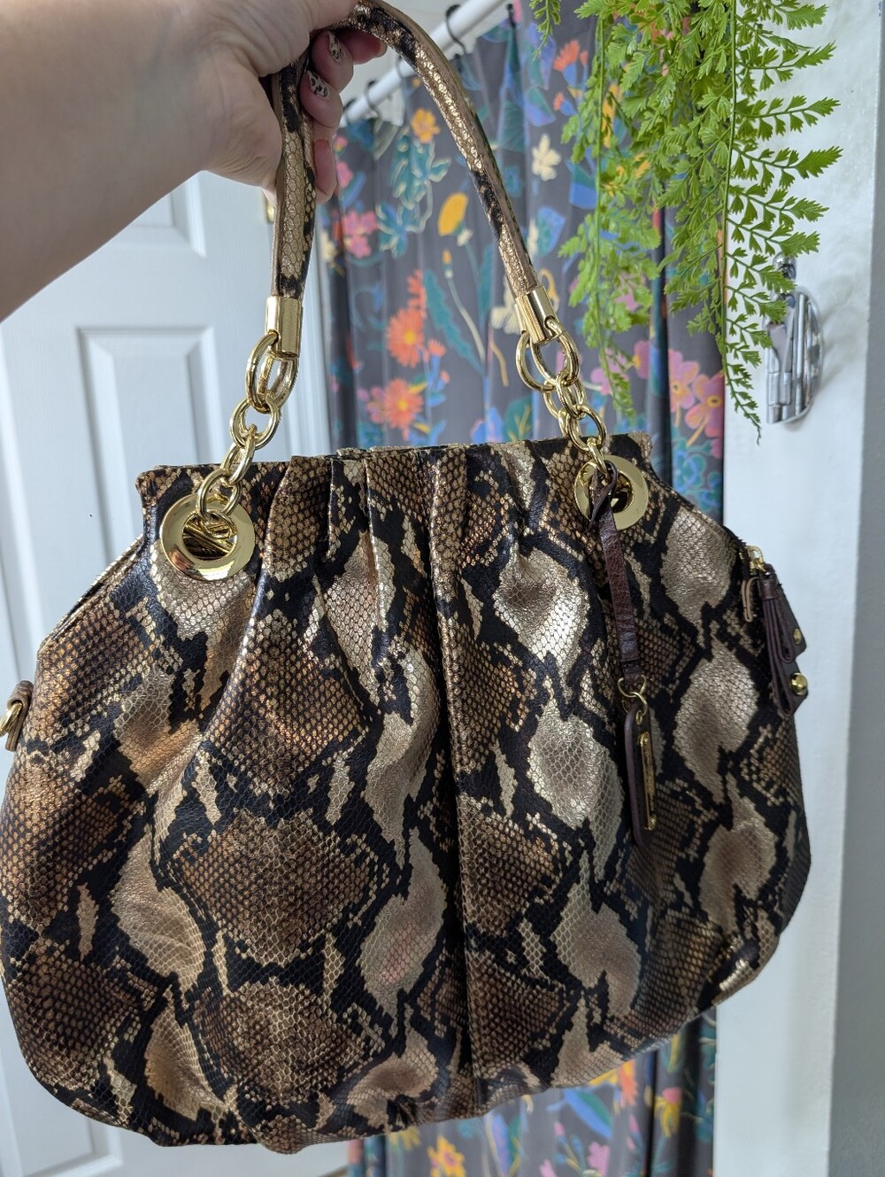 Cynthia Rowley Snake-Print Metallic Satchel Handbag - Brown/Black